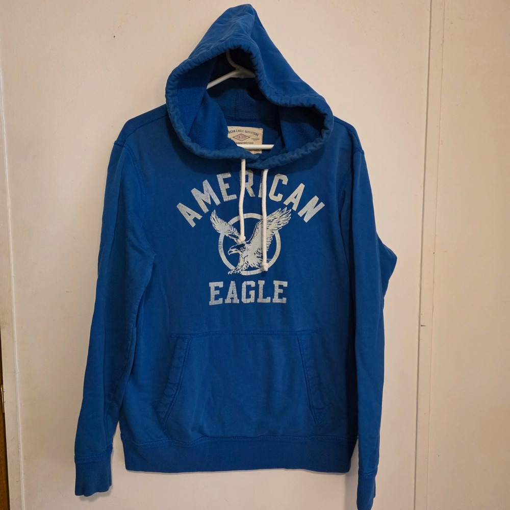 Y2k American Eagle Mens Graphic Logo Hoodie Size Medium Blue Classic Fit Vintage